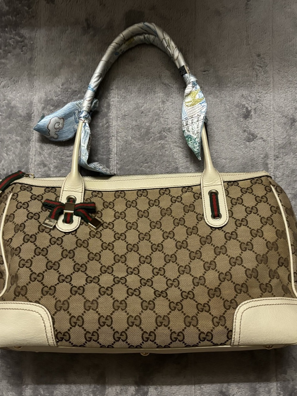 Gucci Vintage GG Canvas Princy Boston Bag Ivory Leather Web Bow
